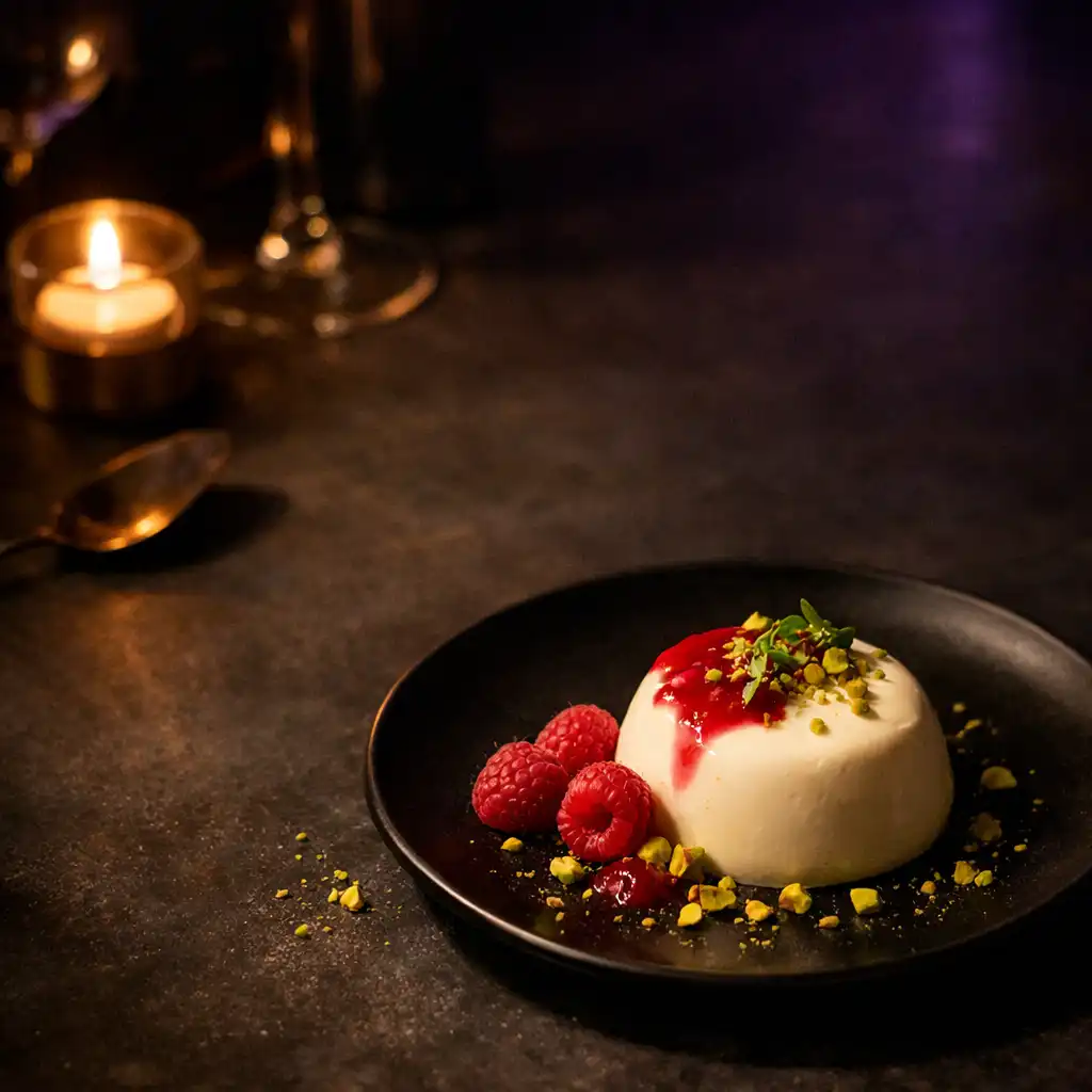 Vanília panna cotta málnával és pisztáciával sötét tányéron