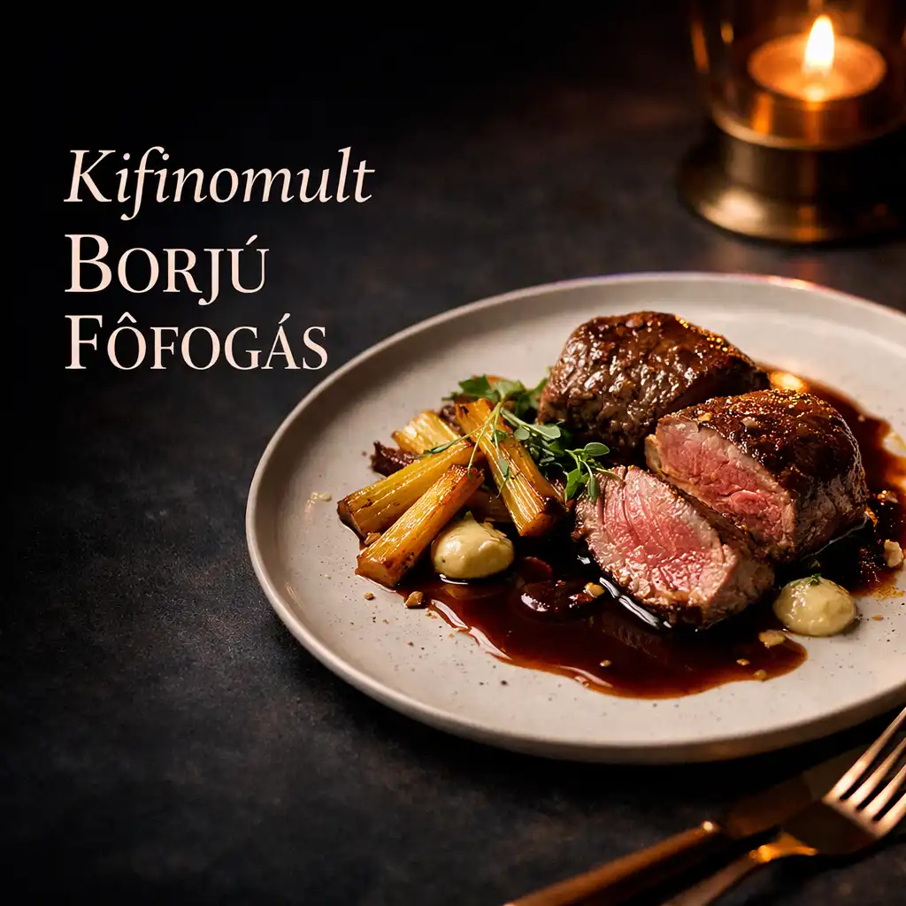 Borjú főfogás pirított zellerrel és jus-val sötét tányéron