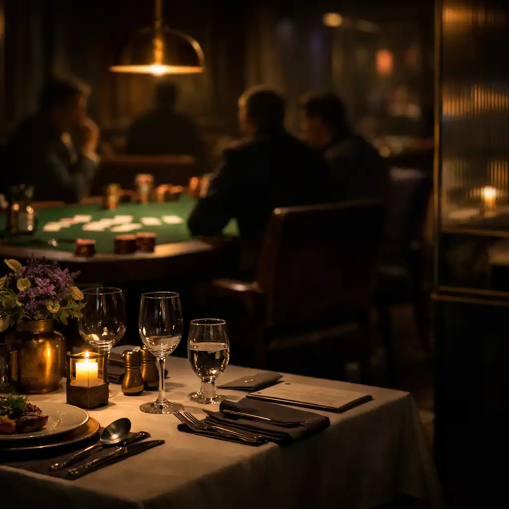 Esti vacsoraasztal és távolabbi lounge-tér valódi kártyaasztallal a Savory Coornerben